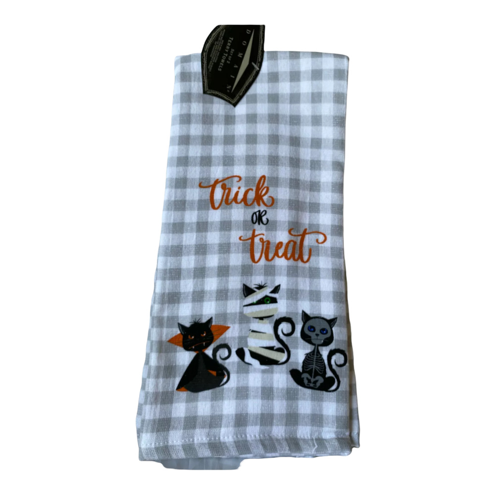 NWT Halloween Black Bat Cat Mummy Kitten Skeleton Kitty Dish Kitchen Towel Set